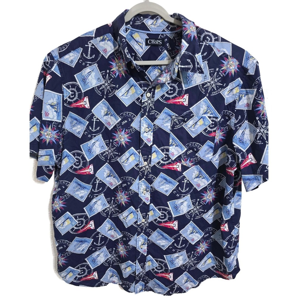 Chaps Shirt Mens Big 2X Blue Nautical‎ Stamp Short Sleeve Button Front Sailing